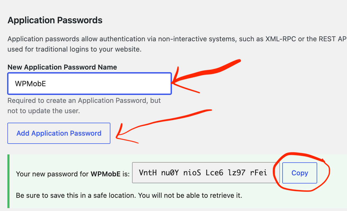 The WordPress Application Passwords panel showing a newly generated password ready to copy