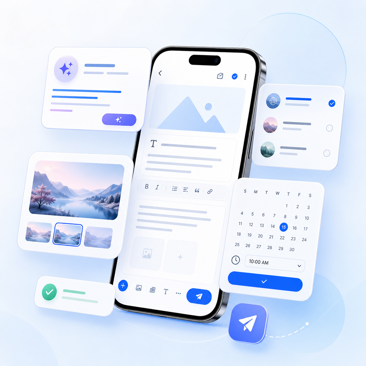 WPMobE app showing AI writing tools, categories, scheduling calendar and multi-site connections