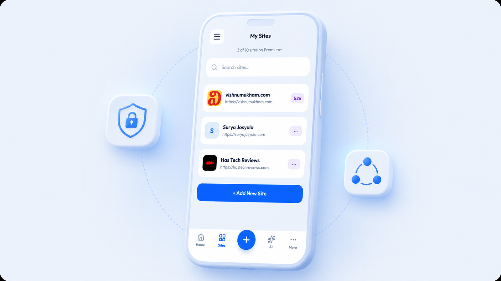 WPMobE app showing a list of connected WordPress sites with a security shield icon