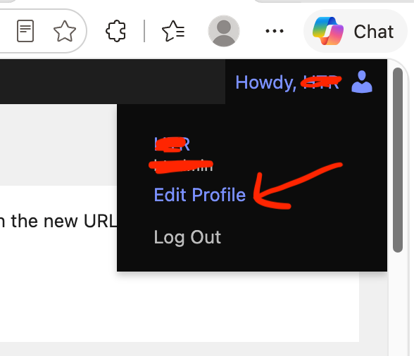 The WordPress admin bar user menu showing the Edit Profile link
