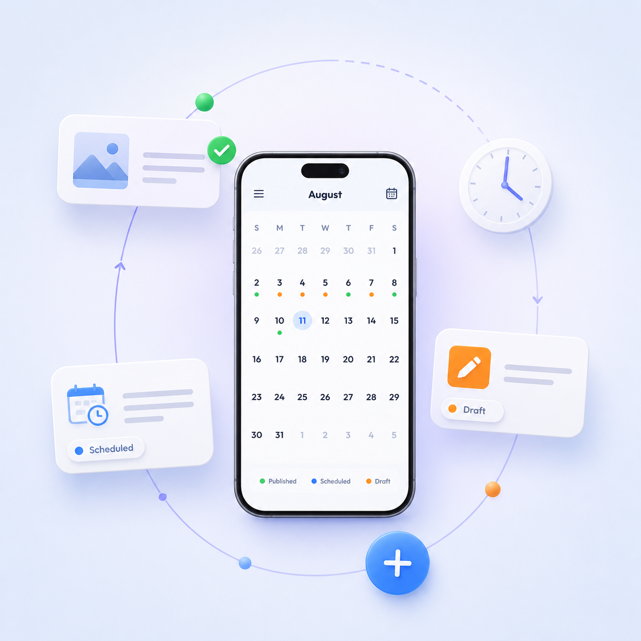 WPMobE app calendar showing published, scheduled and draft posts