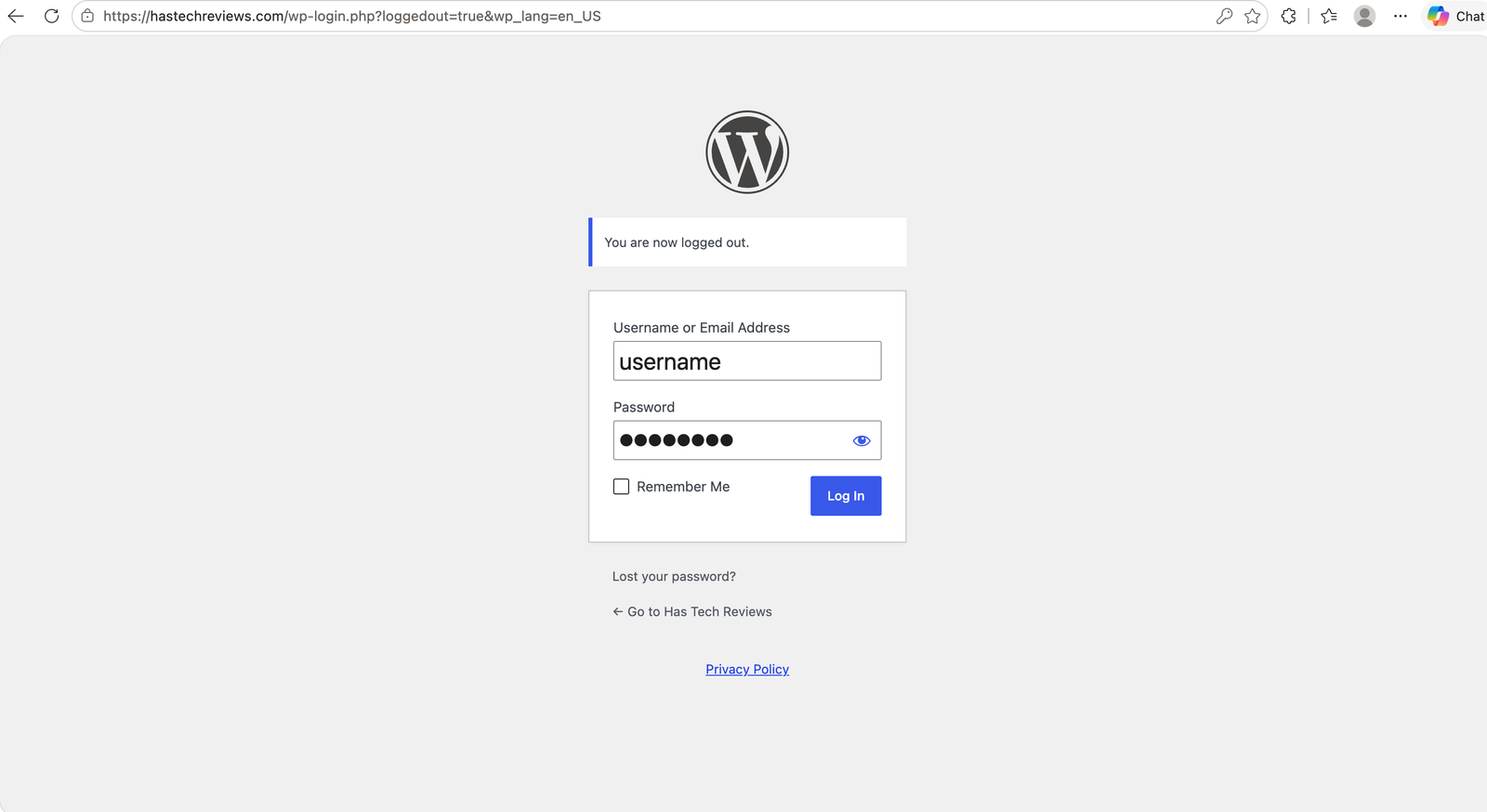 The WordPress wp-admin login screen with username and password fields